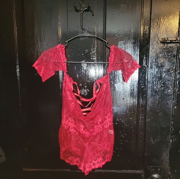 Lace-up Back Floral Lace Bardot Teddy Bodysuit One-Piece Red - Picture 8 of 8